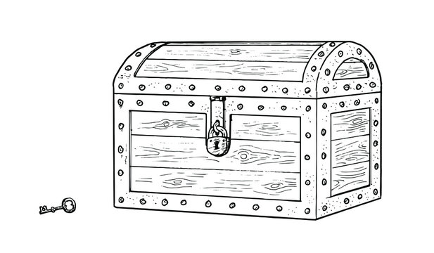 Drawing of treasure wooden chest - hand sketch of old fashioned furniture, black and white illustration