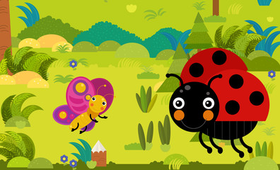 cartoon scene with different european animals in the forest illustration