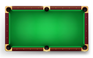 Empty pool table vector realistic detailed colorful illustration. Pool table background for design of a billiard club or billiard tournament.