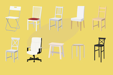 Set of Chairs and Stools of Different Designs and Colors.  Furniture Design. Vector Illustration.