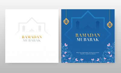 Ramadan Mubarak Greeting Card with Silhouette Mosque, Hanging Golden Lanterns and Floral in Blue and White Arabic Pattern Background.