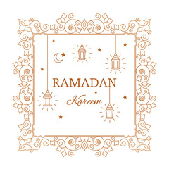 Congratulatory golden banner with the inscription Ramadan Kareem in a linear style with oriental ornaments, lamps, stars and a crescent
