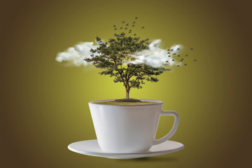 Grassland and green trees in a cup Natural Morning coffee in the meadow in the shade of trees. Natural graphics. Meadows and green trees in the graphic in a cup.