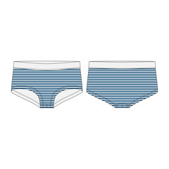 Women panties in blue stripes fabric isolated on white background. Lady underpants technical sketch.