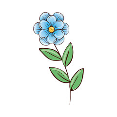 cute flower blue with branch and leafs isolated icon vector illustration design
