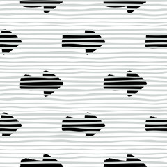 Creative black arrows ink seamless pattern on stripes background.