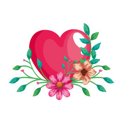 cute heart pink with flowers and leafs decoration vector illustration design