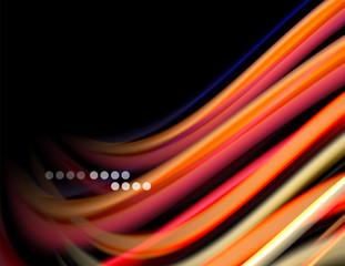 Silk smooth lines on black, liquid fluid color waves. Vector Illustration