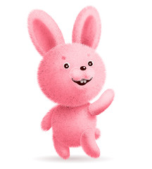 Pink fluffy rabbit standing and waving its paw