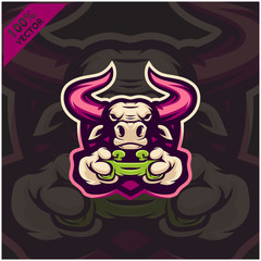 Bull Gamer holding Game-pad Joystick. Mascot logo design modern illustration concept style for badge, emblem, tshirt printing. Gamer illustration for esport team. Scalable and editable Vector.