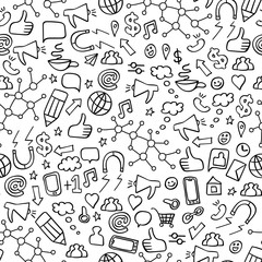 Seamless pattern with hand drawn social media elements. Internet technology background. Vector illustration.