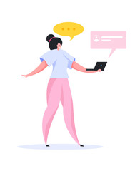 Modern female chatting online on laptop. Flat vector illustration