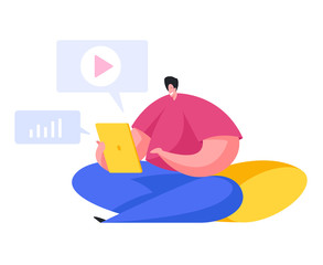 Happy man watching video on tablet. Flat vector illustration