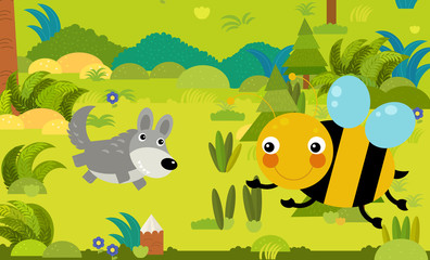cartoon scene with different european animals in the forest illustration