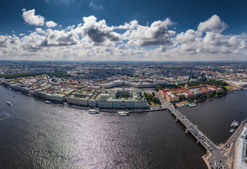 Fototapeta premium Aerial panorama of Saint Petersburg, Russia, the Hermitage museum, Winter Palace, Palace Square, green roofs, Alexander column, Arch of General Staff, yard of Hermitage, Neva river, embankment