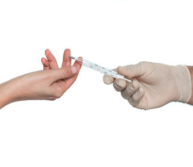 Doctor giving thermometer to female patient over white background