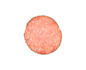 Slice of delicious smoked sausage isolated on white