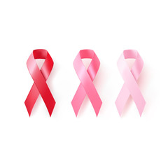 The international symbol of the fight against breast cancer, pink and red silk ribbon on white background, icon.