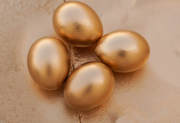 Eggs of natural chicken colored in gold are Concept Of Financial Growth