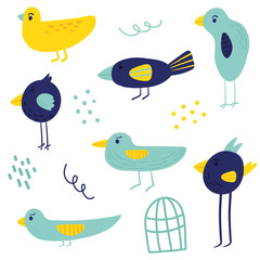 Cute yellow and blue birds. Cartoon vector illustration.
