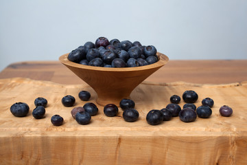 A studio photograph of a bowl of blueberries