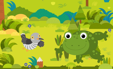 cartoon scene with different european animals in the forest illustration