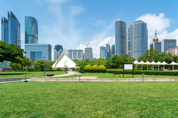 Waterfront Park Plaza and modern city buildings in Qingdao, China