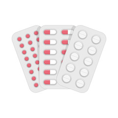Set of vector pills and capsules. Medical vitamin pharmacy illustration in flat style. Icons of medicament. Tablets different sizes and forms in blisters. Pharmacy and drug symbols.