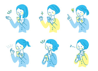 スマホ　笑顔　若い女性　ビジネススーツ