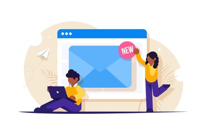 Web email service. People near the open browser tab with a notification of the new letter. Modern flat vector illustration.