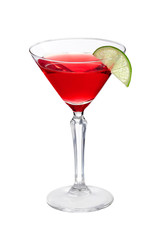 Cosmopolitan cocktail is contained in a martini glass with a lime slice on the rim. The showy illustrative picture is made on the white background.
