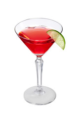 Cosmopolitan cocktail is contained in a martini glass with a lime slice on the rim. The showy illustrative picture is made on the white background.