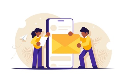 Email marketing concept. People send or receive a letter using a mobile phone. Business correspondence or promotional messages. Modern flat vector illustration.