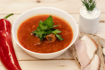 Classic borsch, national Russian dish, first courses, red soup, delicious homemade food