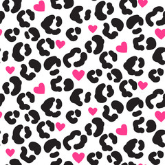 Fototapeta na wymiar Leopard print pattern with spots and hearts. Black and white leopard abstract skin print.