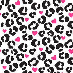 Leopard print pattern with spots and hearts. Black and white leopard abstract skin print.