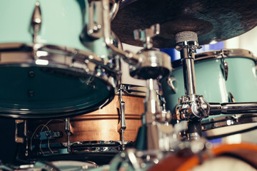 Fototapeta na wymiar Detail of a drum kit closeup . Drums on stage retro vintage picture.