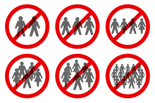 Ban on gathering symbols. Prohibition of assembly for two, three, four, five, six or more people. Isolated vector illustration on white background.