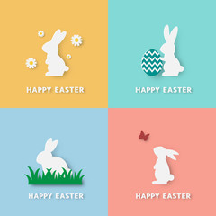 Happy easter paper cut style set of four white bunny that look cute