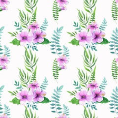 Fototapeta na wymiar Floral seamless pattern, Hand drawn watercolor tropical flowers isolated on white background.
