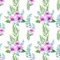 Tuinposter Floral seamless pattern, Hand drawn watercolor tropical flowers isolated on white background. © Nataliya