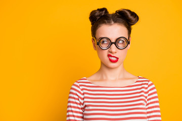 Closeup photo of evil mad crazy lady student grimacing grinning showing teeth look side wear circle...
