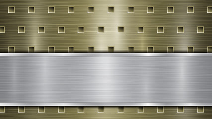 Background of golden perforated metallic surface with holes and silver horizontal polished plate with a metal texture, glares and shiny edges