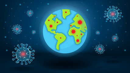 The virus is spreading all over the world. With a red dot indicating the critical area And there are viruses floating around the globe