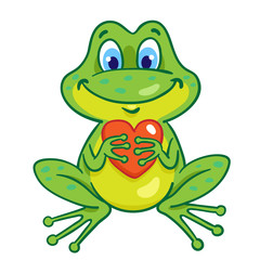 Funny little frog with a red heart in his hands. In cartoon style. Isolated on white background. Vector illustration.