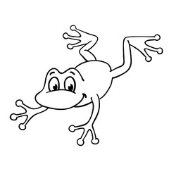 Little jumping frog in cartoon style, drawing in black outline. Isolated on white background. Vector illustration.