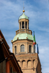 Fototapeta na wymiar Torre degli Accursi. Medieval clock tower (XIII century) of the Town hall (Accursio Palace) in Bologna downtown, Piazza Maggiore, Emilia-Romagna, Italy, Europe