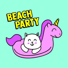 BEACH PARTY CAT, SLOGAN PRINT VECTOR
