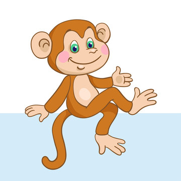 Little cute monkey sits isolated on white background. In cartoon style. Vector illustration.