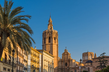 Fototapeta na wymiar Valencia - The Cathedral of Valencia with its Bell Tower Micalet at golden hour.
